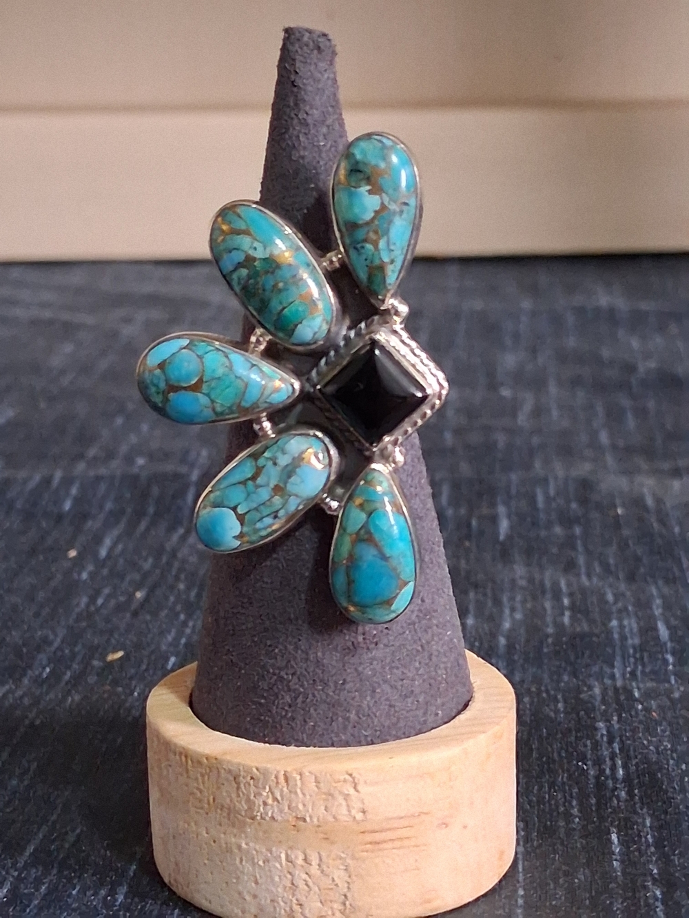 Turquoise Petal Cluster Statement Ring Black Onyx Sterling Silver Ajustable 7 UP